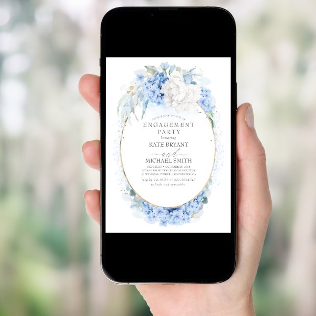 White and Dusty Blue Floral Engagement Party Invitation (Front Digital)