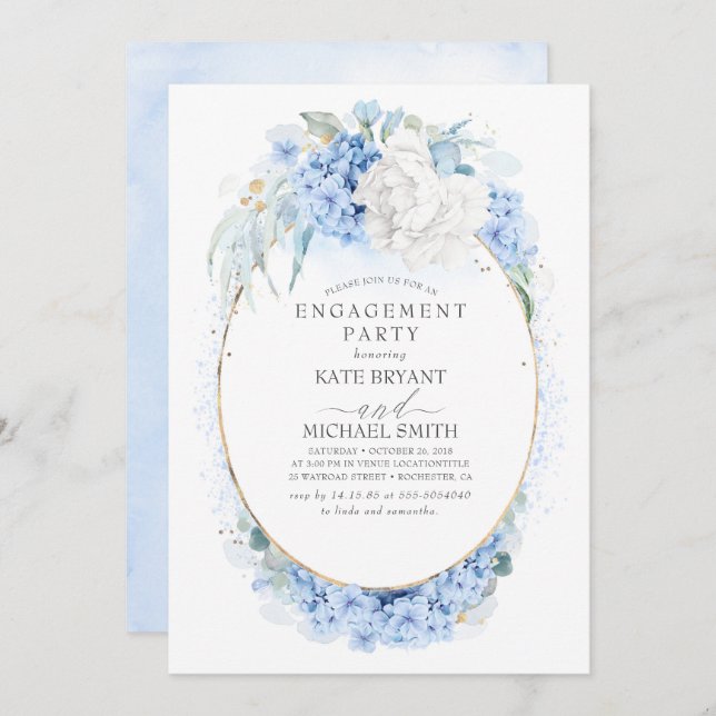 White and Dusty Blue Floral Engagement Party Invitation (Front/Back)