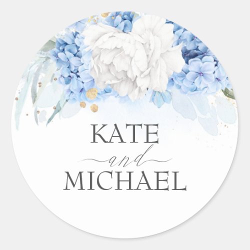White and Dusty Blue Floral Wedding Classic Round Sticker