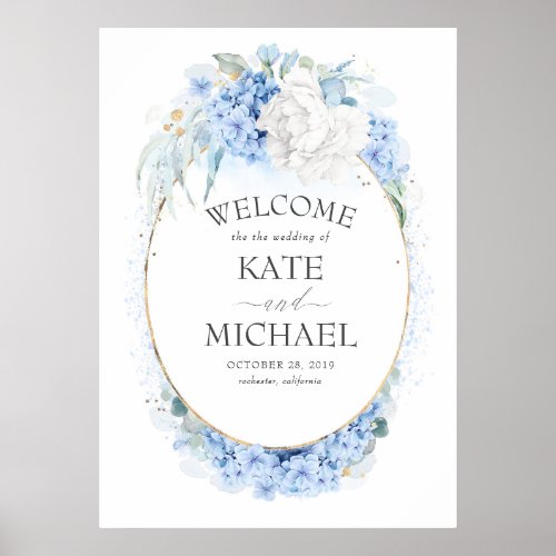 White and Dusty Blue Floral Wedding Welcome Poster