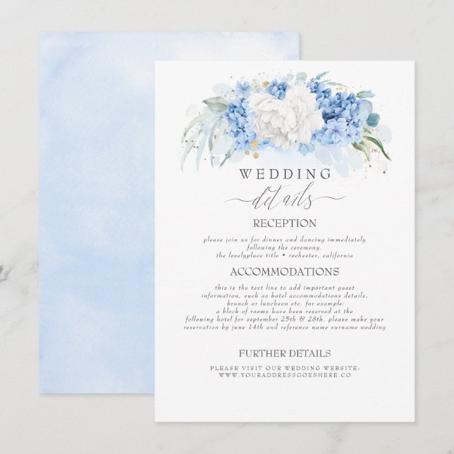 White and Dusty Blue Flowers Wedding Information Enclosure Card (Front/Back)