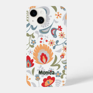 White and Dusty Blue Red Yellow Paisley Design iPhone 14 Case