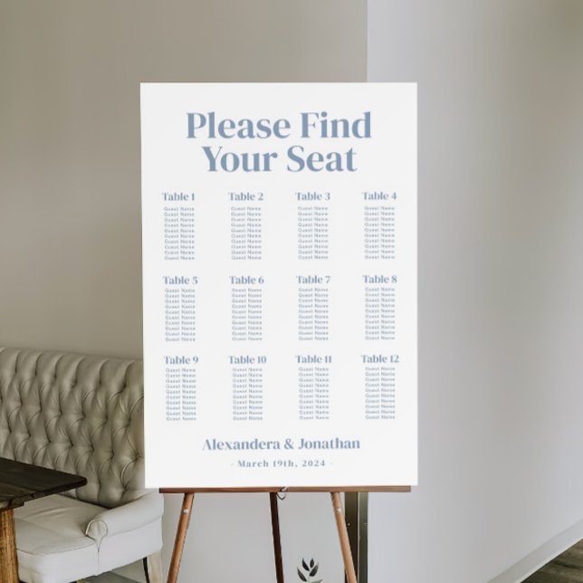 White and Dusty Blue Wedding Seating Chart Foam Board (Creator Uploaded)