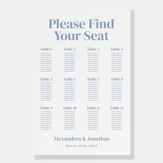 White and Dusty Blue Wedding Seating Chart Foam Board (Front)