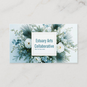 White and Dusty Blue Winter Floral Gold Frame Business Card