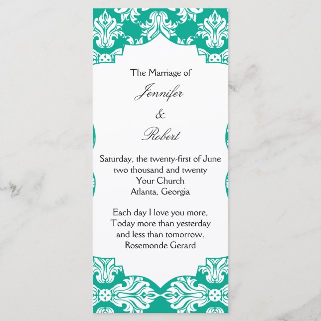White and Emerald Green Damask Wedding Program (Front)