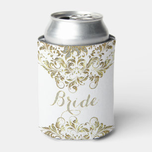 White And Faux Glitter & Gold Floral Lace Can Cooler