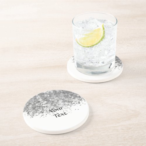 White and faux glitter personalized drink coaster