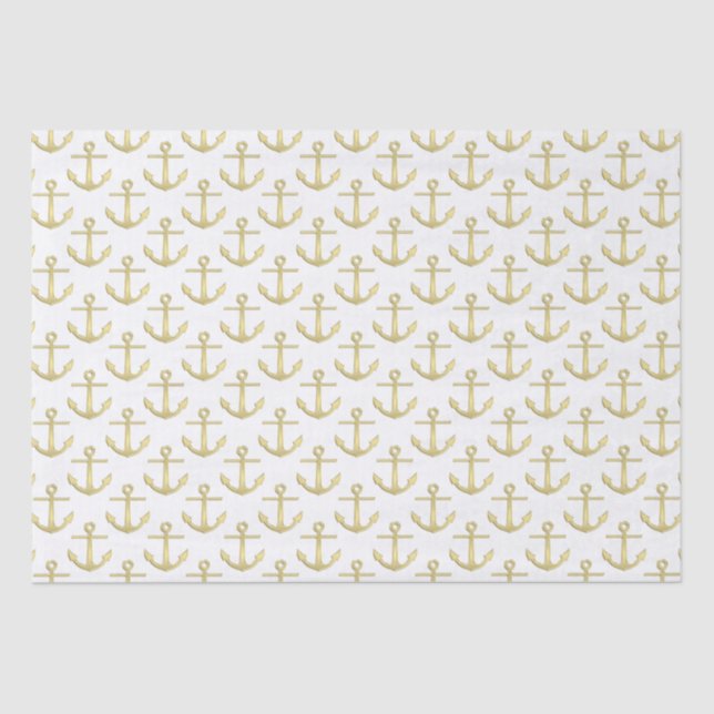 White and Faux Gold Anchors Pattern Tissue Paper (Front)