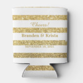 White and Faux Gold Glitter Stripes | Wedding Can Cooler (Back)