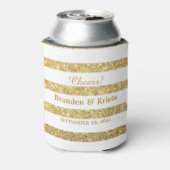 White and Faux Gold Glitter Stripes | Wedding Can Cooler (Can Back)