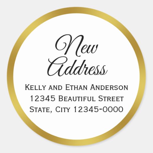 White and Faux Gold New Address Classic Round Sticker