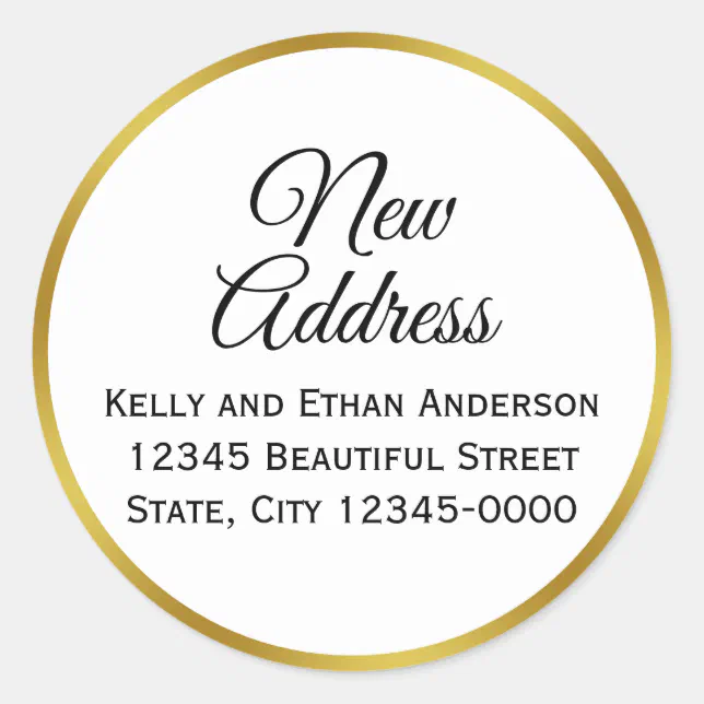 White and Faux Gold New Address Classic Round Sticker | Zazzle