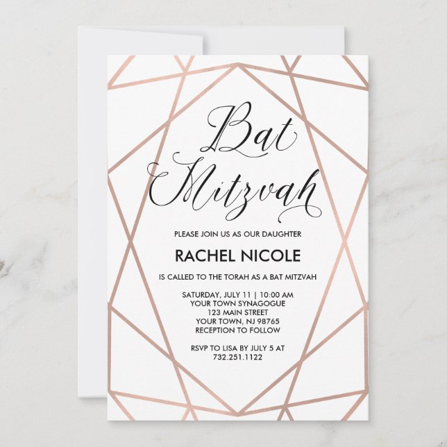 White and Faux Rose Gold Geometric | Bat Mitzvah Invitation (Front)
