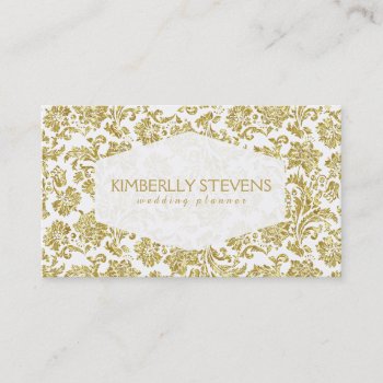 White And Faux Shiny Gold Floral Ornate Damasks 2 Business Card by artOnWear at Zazzle
