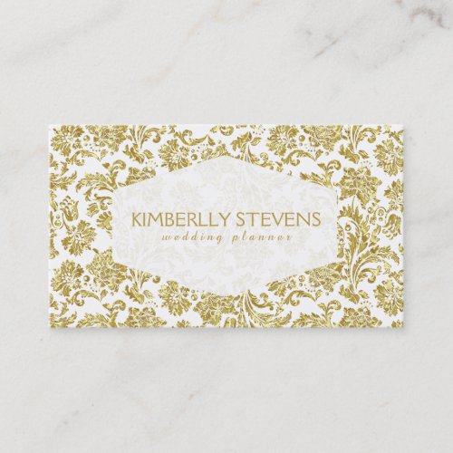 White And Faux Shiny Gold Floral Ornate Damasks 2 Business Card