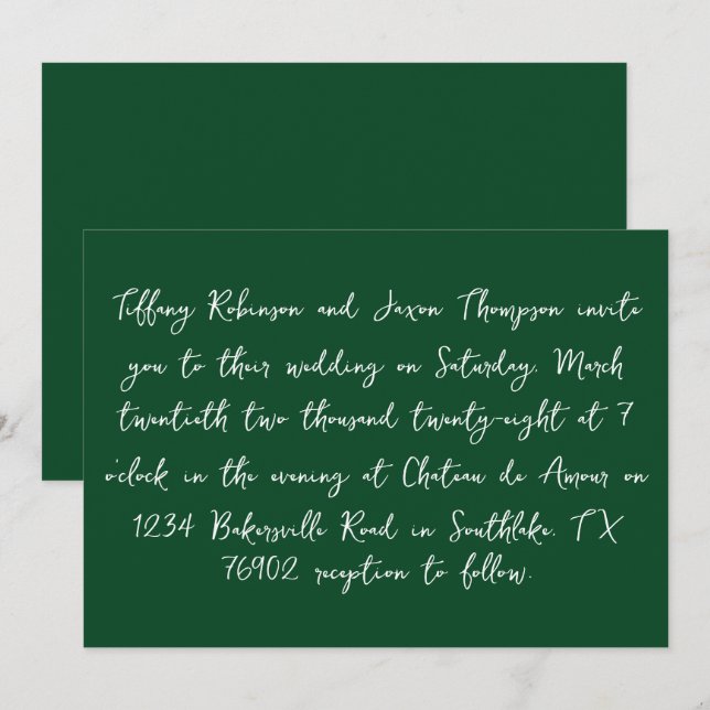 \White and Forest Green Handwritten Style Wedding Invitation (Front/Back)