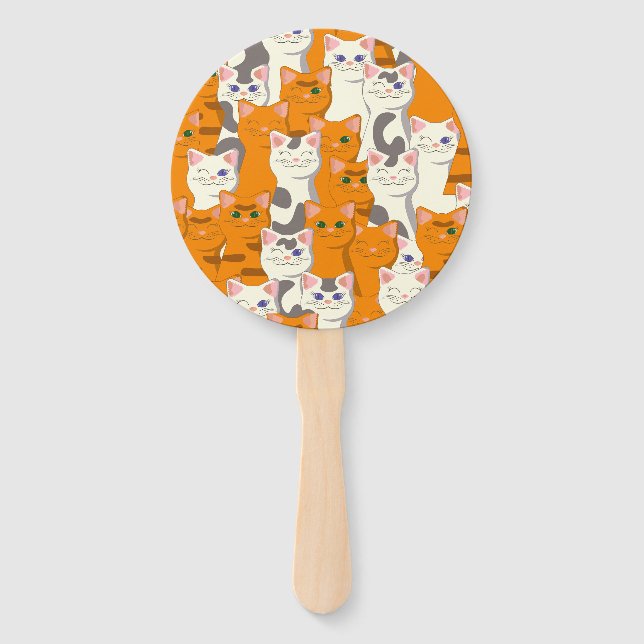 White and ginger cats pattern green eyes blue eyes hand fan (Front)
