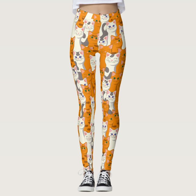 White and ginger cats pattern green eyes blue eyes leggings (Front)