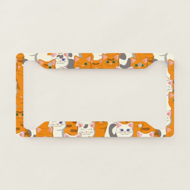 White and ginger cats pattern green eyes blue eyes license plate frame (Front)