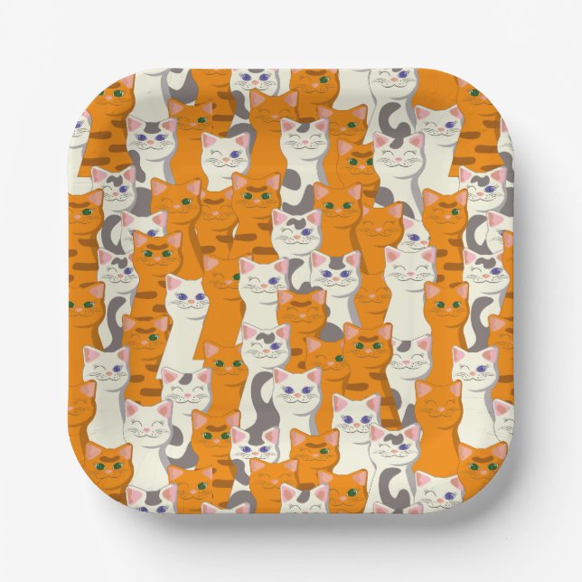 White and ginger cats pattern green eyes blue eyes paper plates (Front)