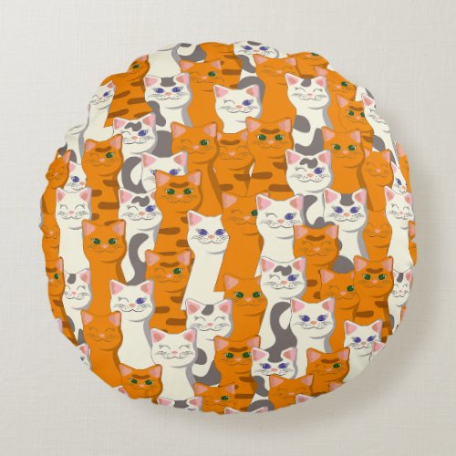 White and ginger cats pattern green eyes blue eyes round pillow