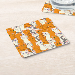 White and ginger cats pattern green eyes blue eyes square paper coaster