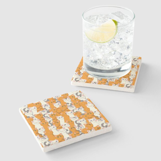 White and ginger cats pattern green eyes blue eyes stone coaster (Side)