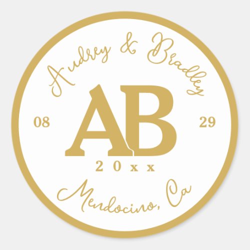 White and Gold 2 Letter Monogram Wedding Classic Round Sticker