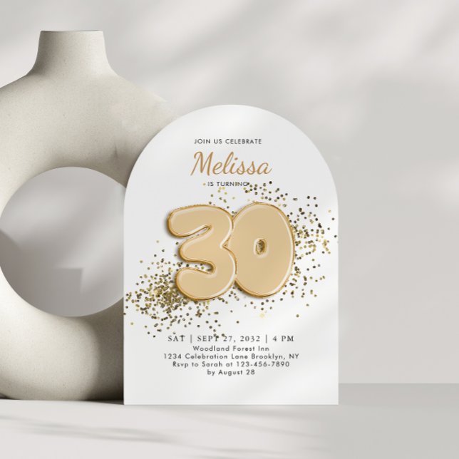 White and Gold 30th Balloons Adult Birthday Arch Invitation (Creator Uploaded)