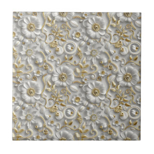 White And Gold 3D Elegant Floral Ceramic Tile