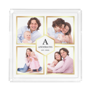 White and Gold 4 Pictures Family Photo Collage Acrylic Tray