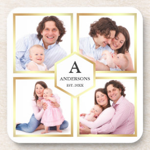White and Gold 4 Pictures Family Photo Collage Beverage Coaster