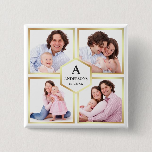 White and Gold 4 Pictures Family Photo Collage Button (Front)