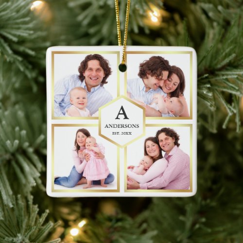 White and Gold 4 Pictures Family Photo Collage Ceramic Ornament