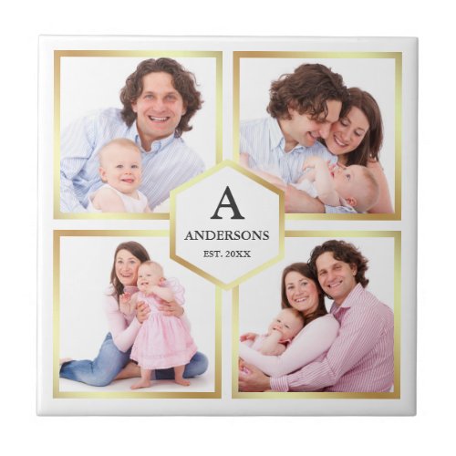 White and Gold 4 Pictures Family Photo Collage Ceramic Tile
