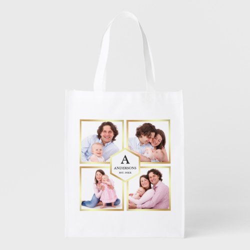 White and Gold 4 Pictures Family Photo Collage Grocery Bag