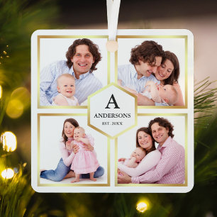 White and Gold 4 Pictures Family Photo Collage Metal Ornament