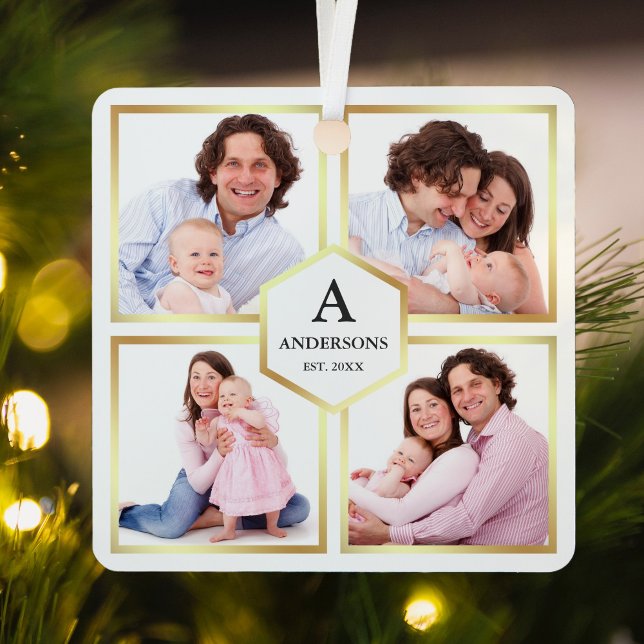 White and Gold 4 Pictures Family Photo Collage Metal Ornament (Creator Uploaded)