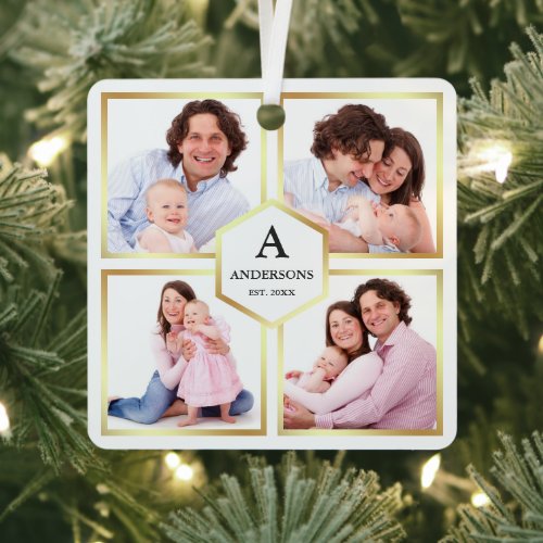 White and Gold 4 Pictures Family Photo Collage Metal Ornament