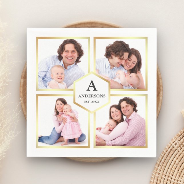 White and Gold 4 Pictures Family Photo Collage Napkins (Creator Uploaded)