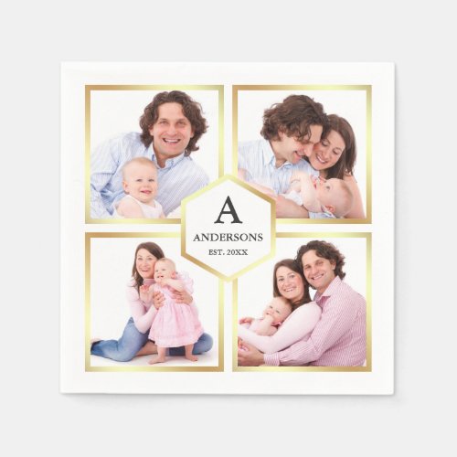 White and Gold 4 Pictures Family Photo Collage Napkins