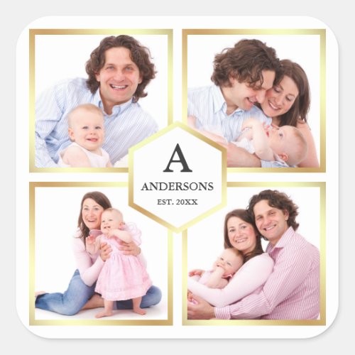 White and Gold 4 Pictures Family Photo Collage Square Sticker