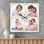 White and Gold 4 Pictures Family Photo Collage Square Wall Clock<br><div class="desc">Upload your favorite photos to make your own unique personalized keepsake photo gift.</div>
