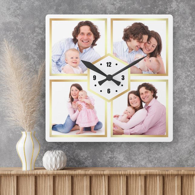 White and Gold 4 Pictures Family Photo Collage Square Wall Clock (Creator Uploaded)