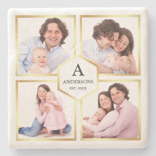 White and Gold 4 Pictures Family Photo Collage Stone Coaster