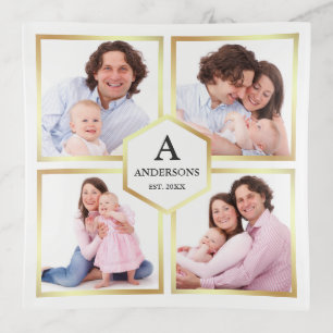 White and Gold 4 Pictures Family Photo Collage Trinket Tray