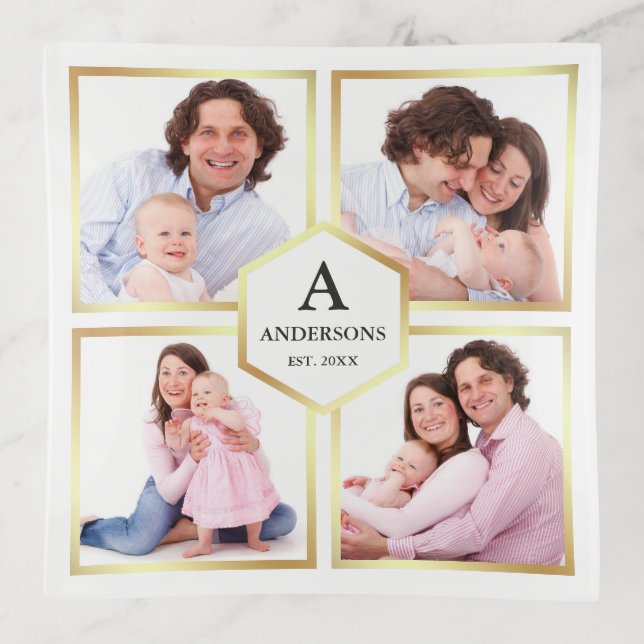 White and Gold 4 Pictures Family Photo Collage Trinket Tray (Front)