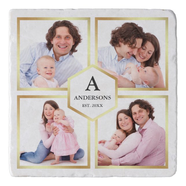 White and Gold 4 Pictures Family Photo Collage Trivet (Front)