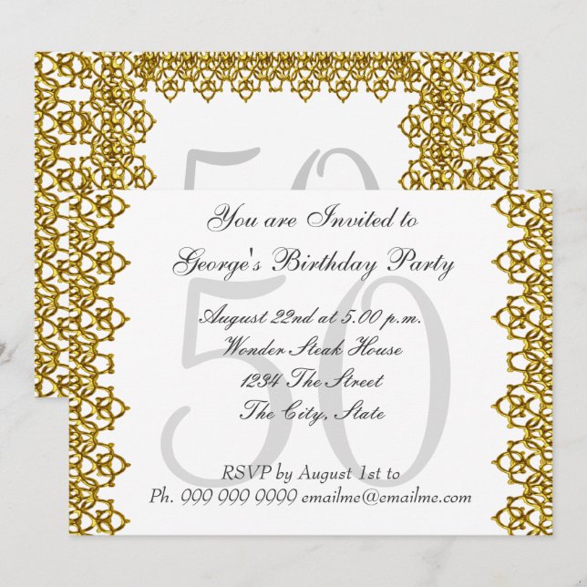 White and Gold 50th Birthday Party White Invitation (Front/Back)